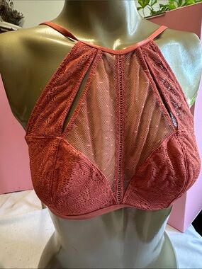 VS Lace & Mesh High-Neck Bralette adjustable straps racer back in Rust